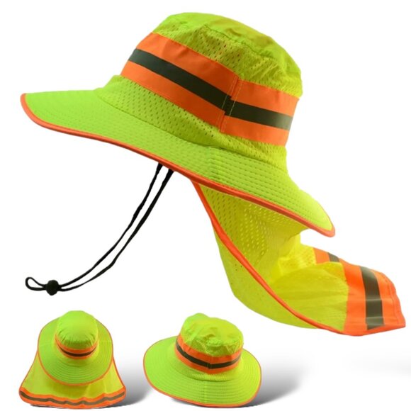 Hi-Vis Reflective Safety Boonie Hat, Green, Wide Brim, Neck Flap - Picture 1 of 4